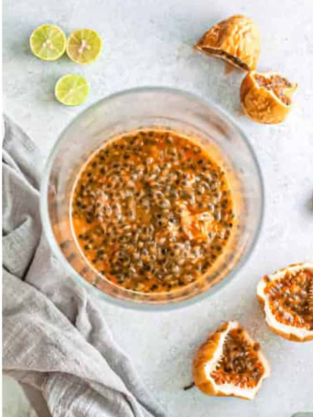 Passion fruit pulp in a bowl for passion fruit margaritas.