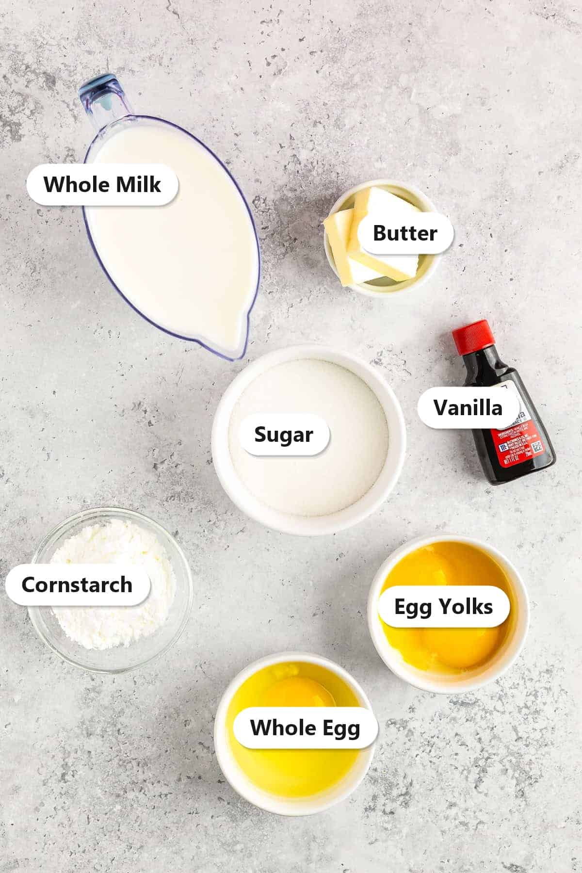 Labeled ingredients for pastry cream including whole milk, sugar, egg yolks, cornstarch, butter, and vanilla.