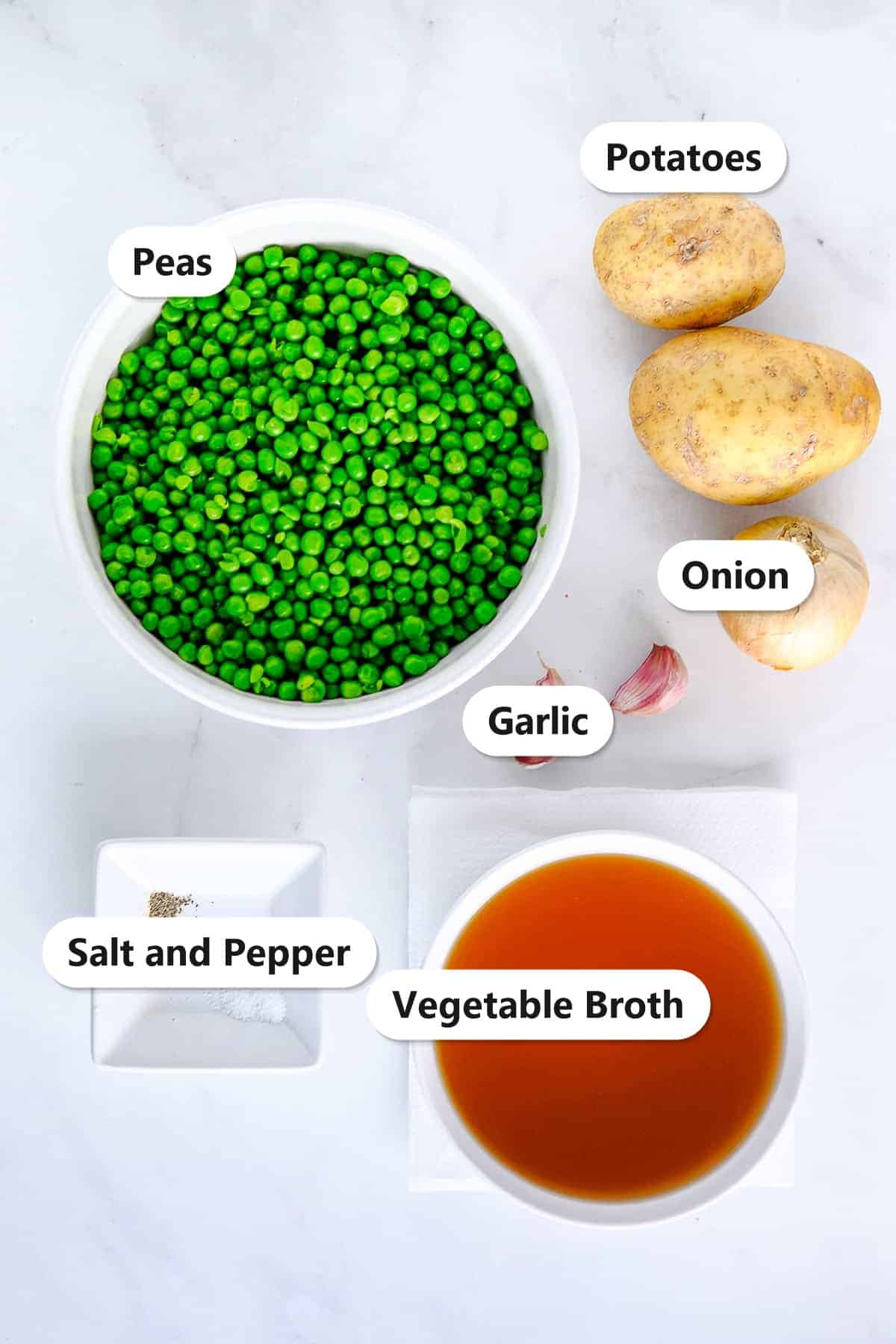 Pea Soup ingredients labeled: green peas, potatoes, onion, garlic, salt and pepper, and vegetable broth.