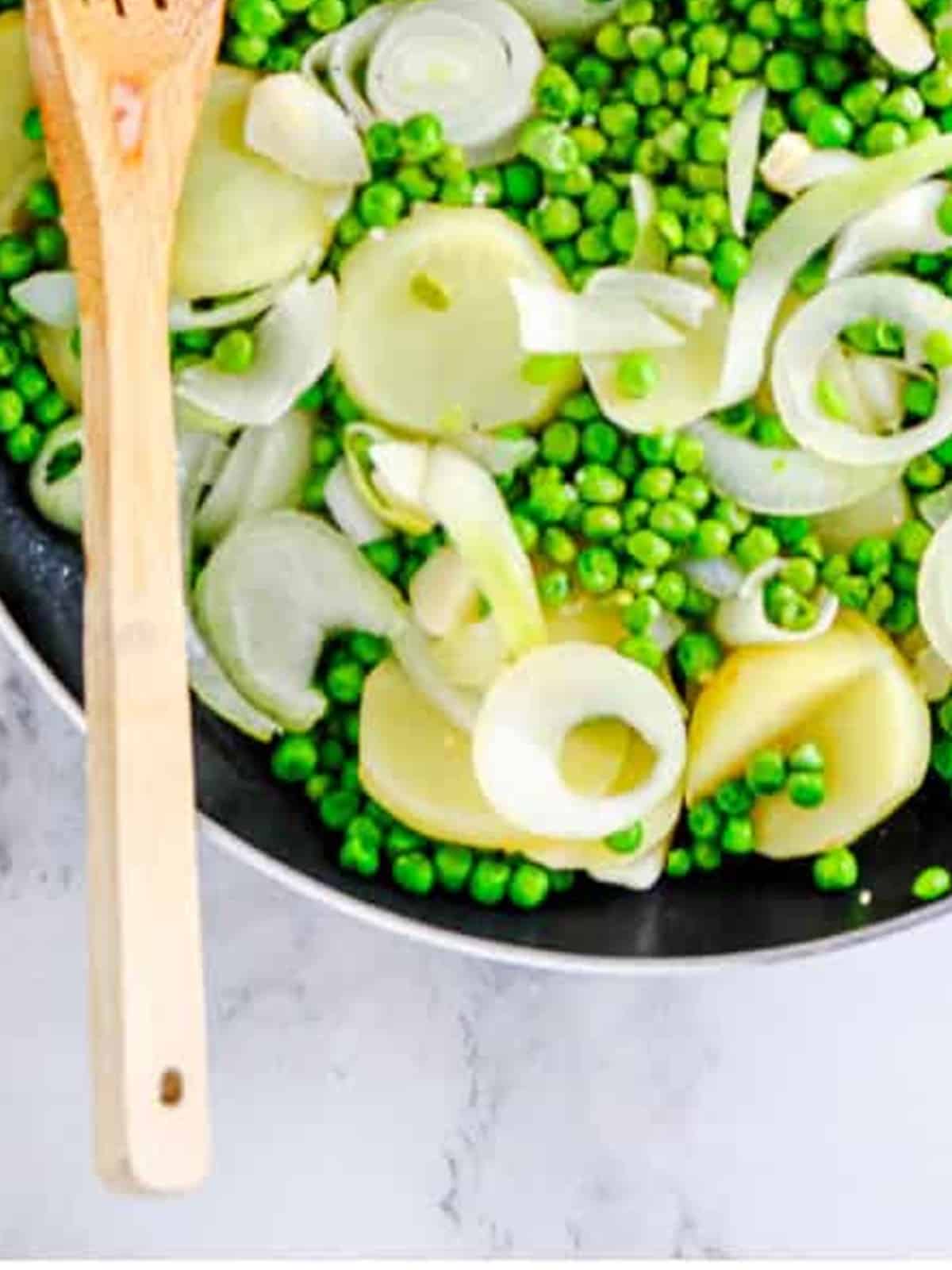 Vegetables cooked until soft and lightly browned in a skillet.