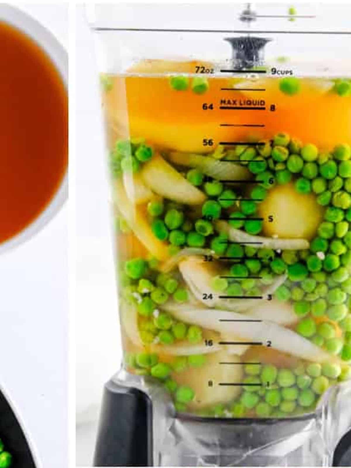Cooked vegetables and vegetable broth in a blender for Pea Soup.