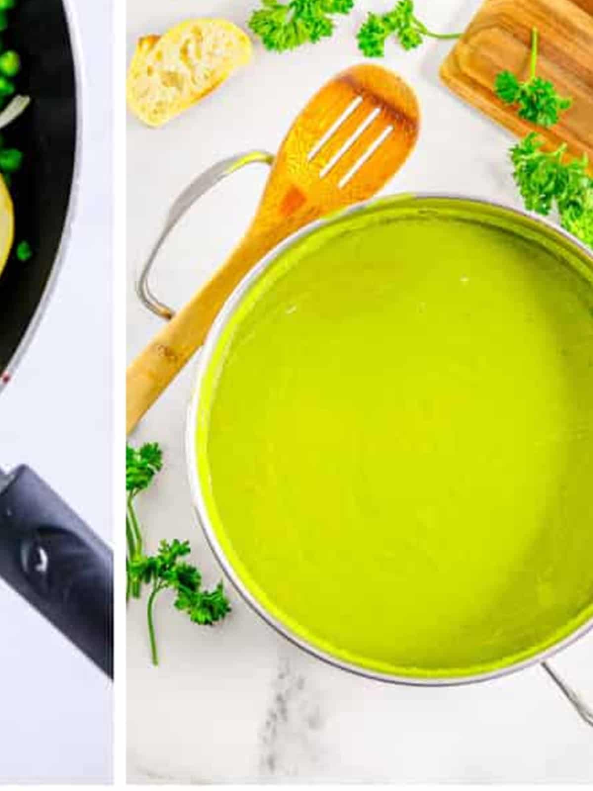 Smooth green Pea Soup simmering in a pot.