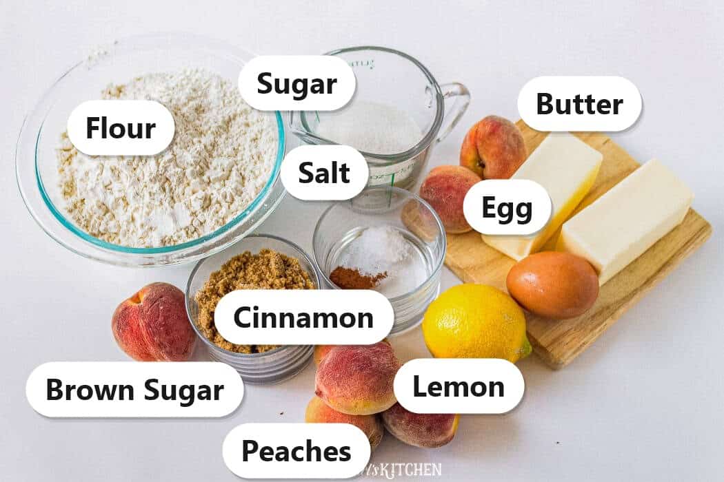 Labeled ingredients for peach bars including flour, butter, sugar, fresh peaches, lemon, brown sugar, and cinnamon.