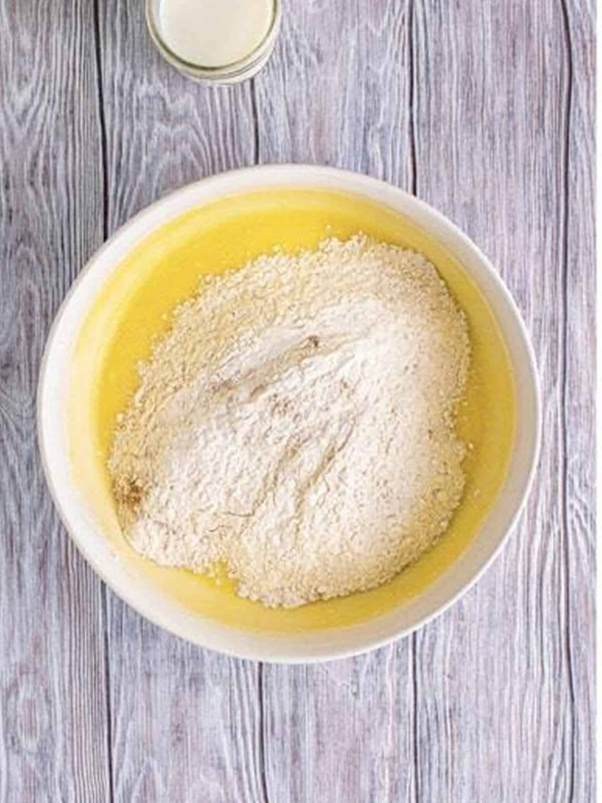 Dry ingredients stirred into the wet to form peach bread batter.