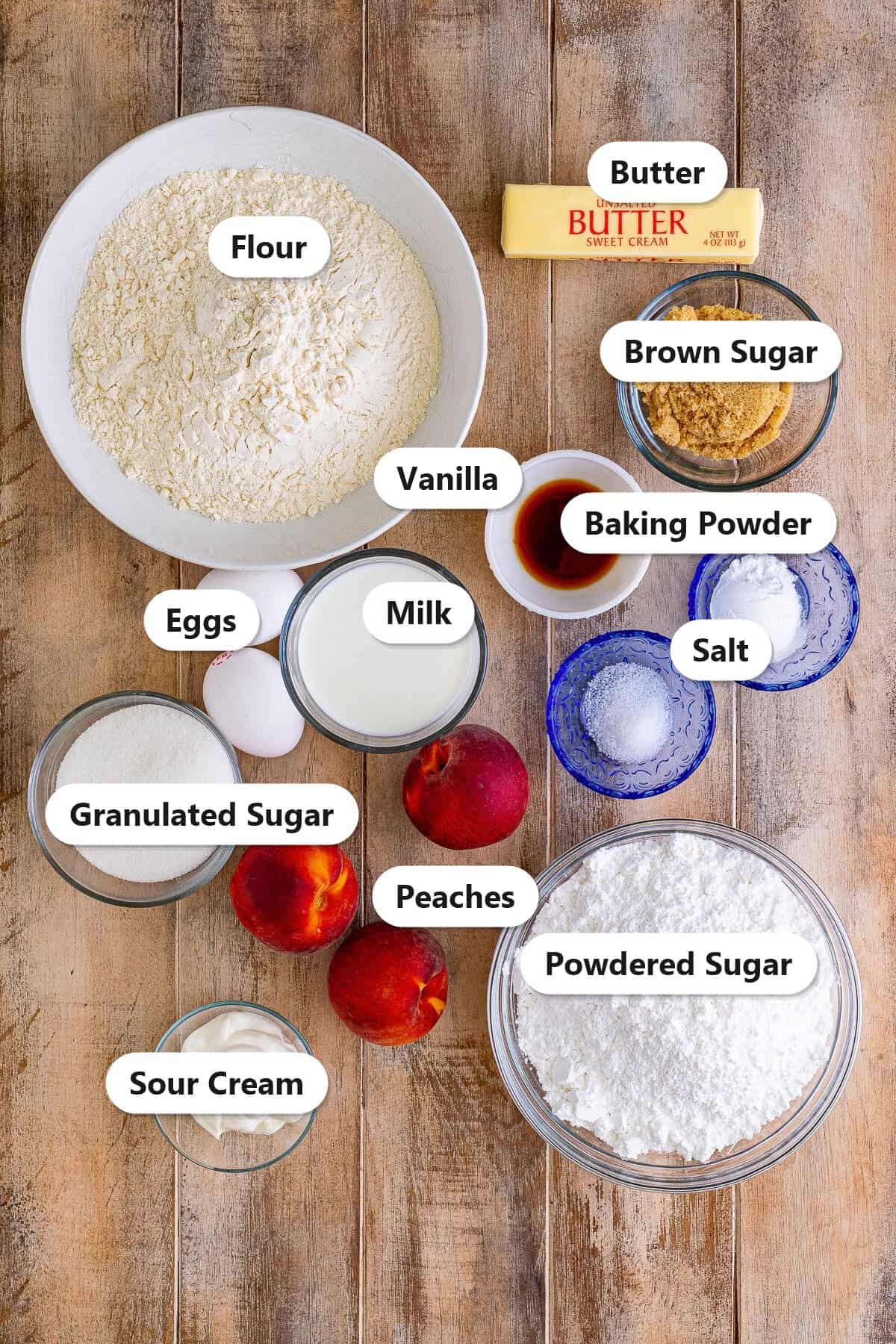 Labeled ingredients needed to make Peach Fritters.