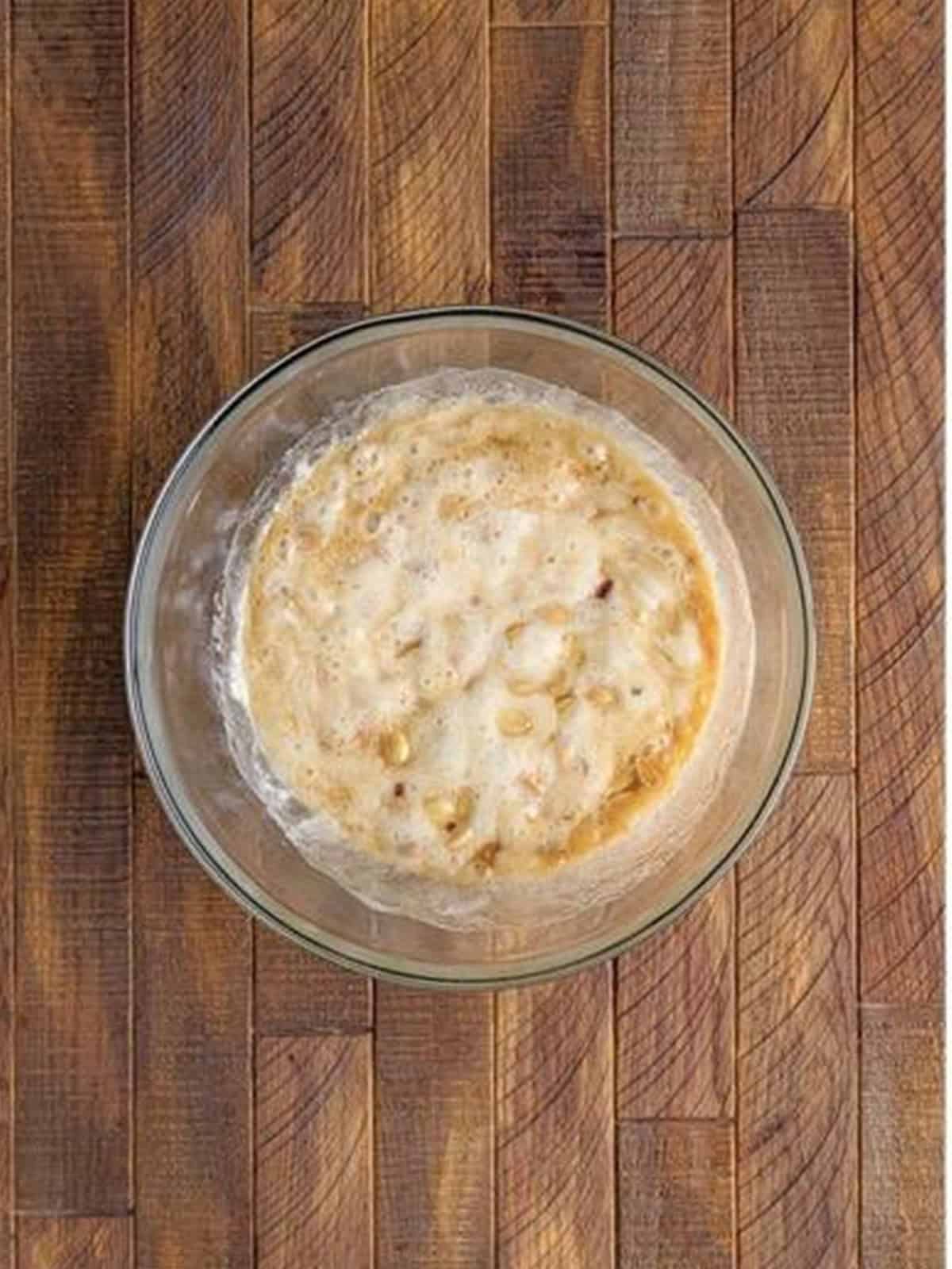 The peanut brittle mixture stirred until foamy and combined.