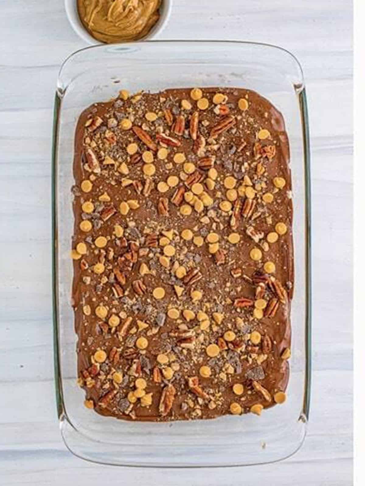Pecans, peanut butter chips, and toffee bits sprinkled over the chocolate layer.