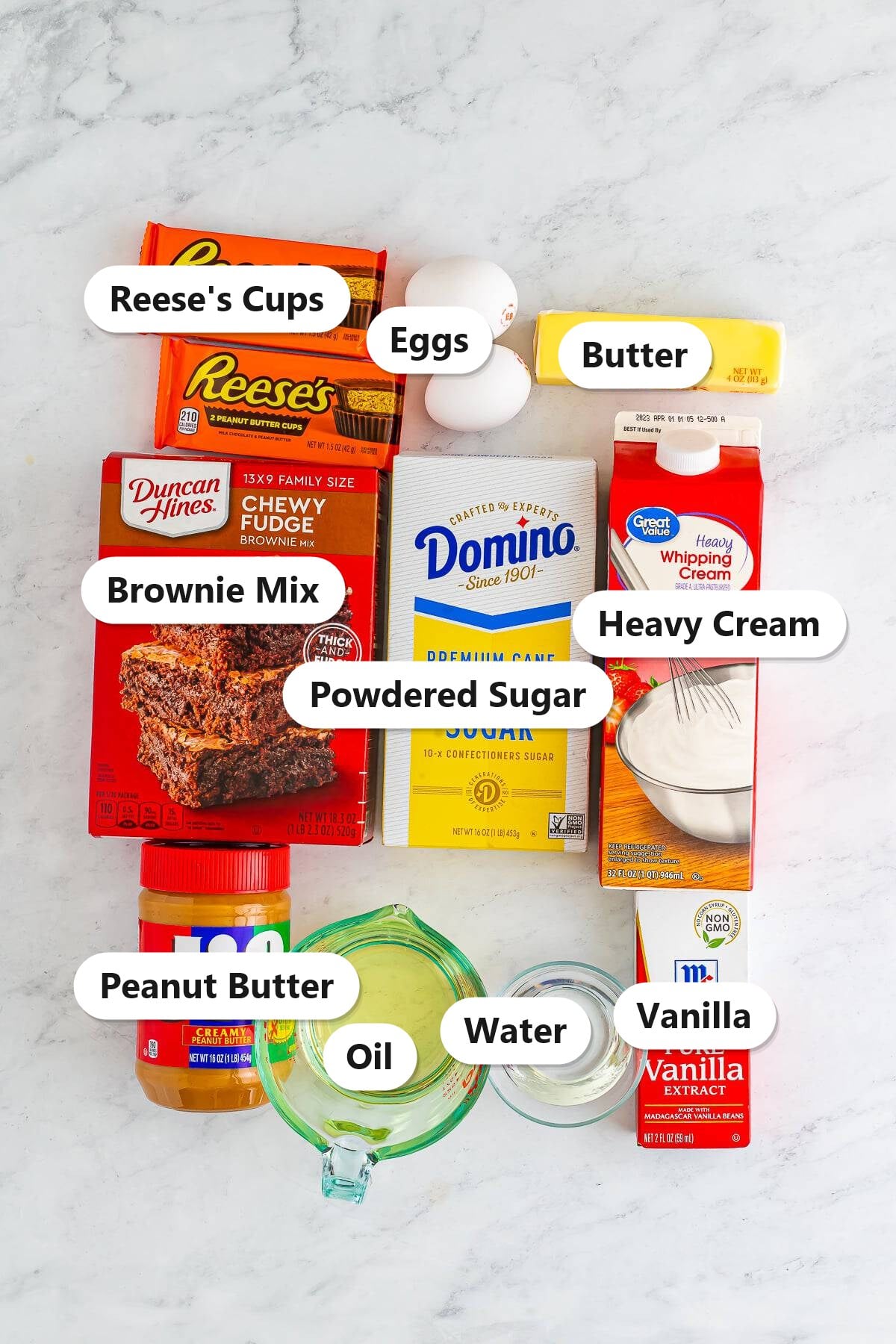 Labeled ingredients needed to make peanut butter brownies.