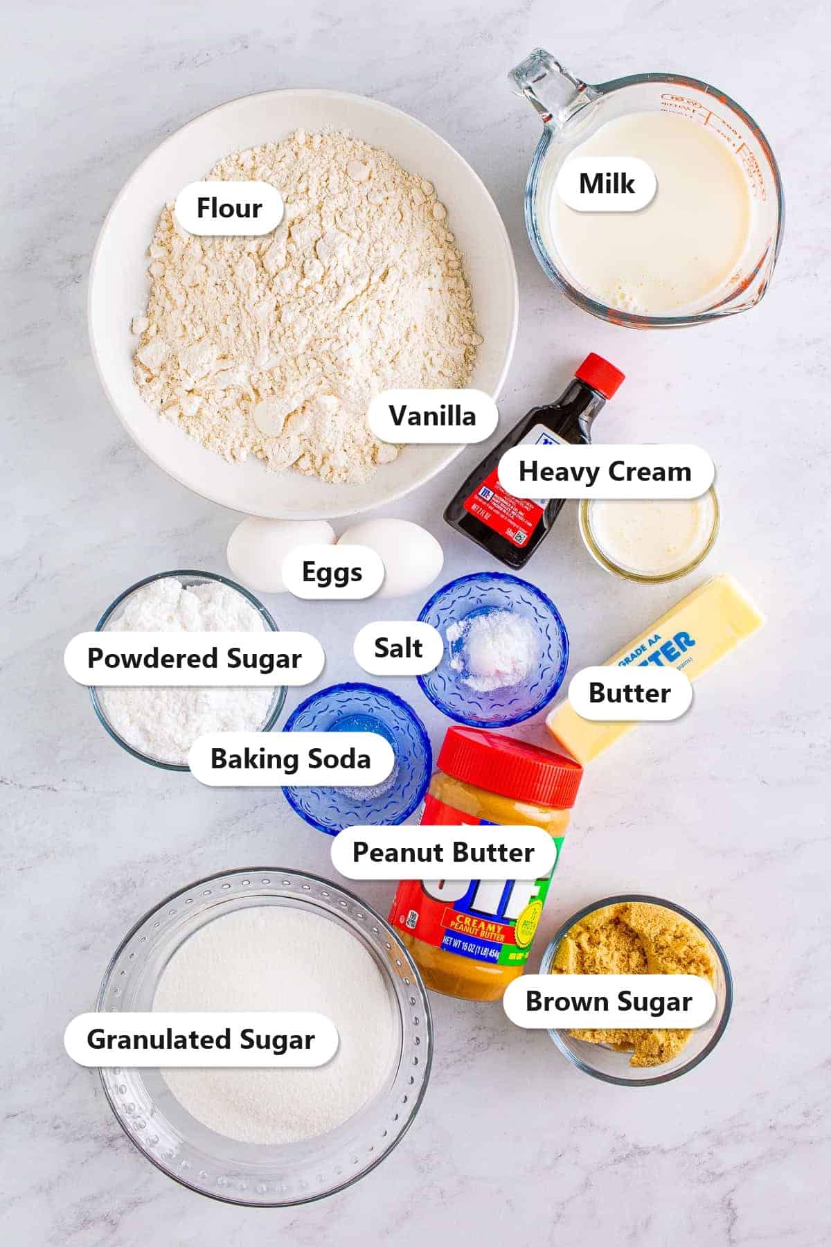 Labeled ingredients to make peanut butter cake including flour, peanut butter, butter, sugars, eggs, milk, and powdered sugar.