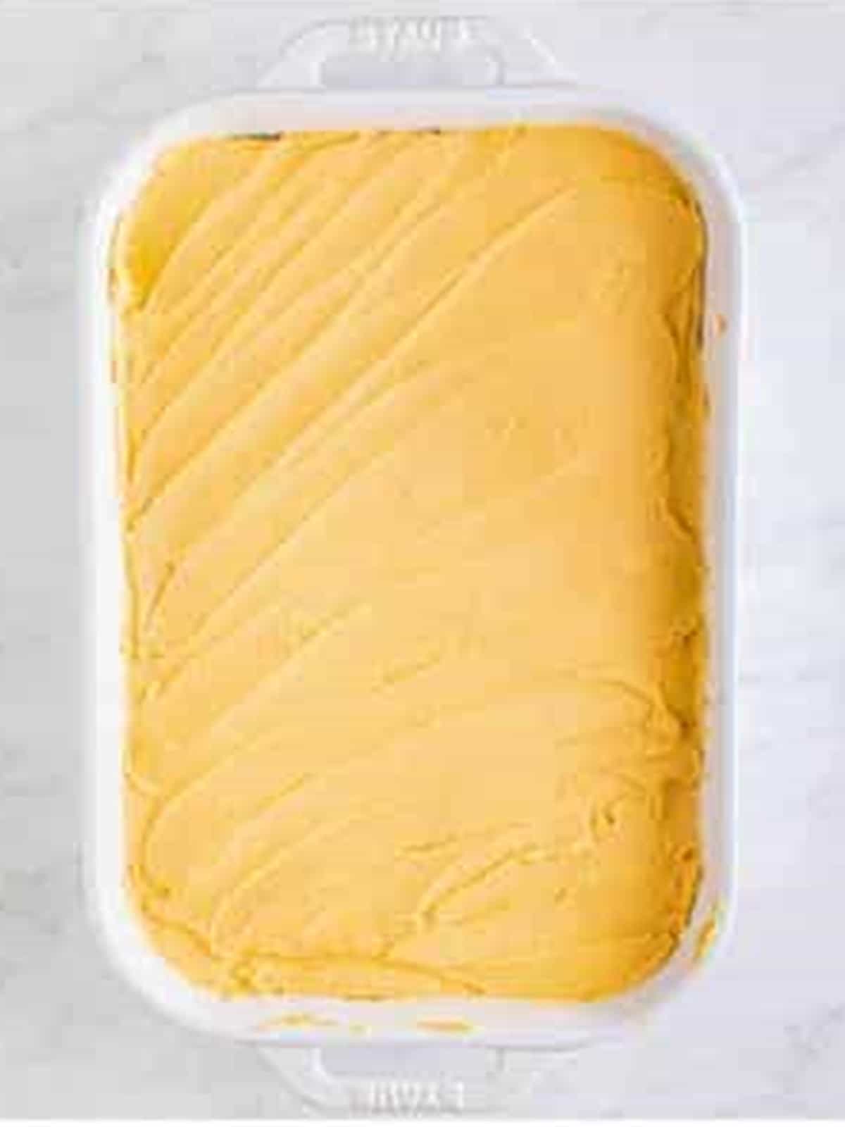Baked peanut butter sheet cake in a 9x13 pan.