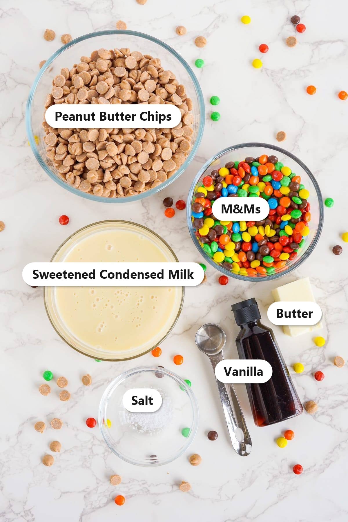 Labeled ingredients for peanut butter fudge including peanut butter chips, M&Ms, sweetened condensed milk, butter, and vanilla.
