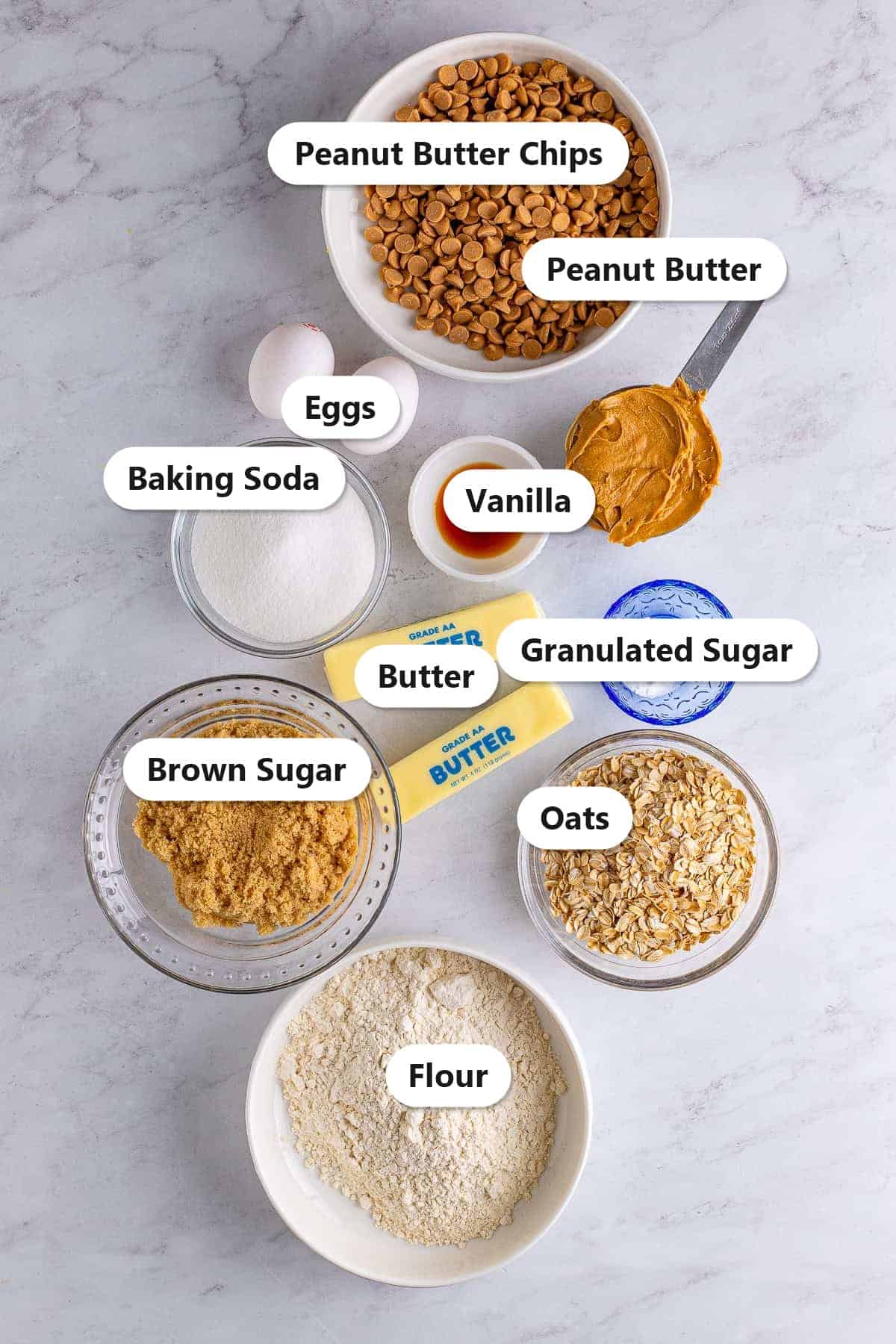 Labeled ingredients to make peanut butter oatmeal cookies including peanut butter, oats, peanut butter chips, butter, brown sugar, and flour.
