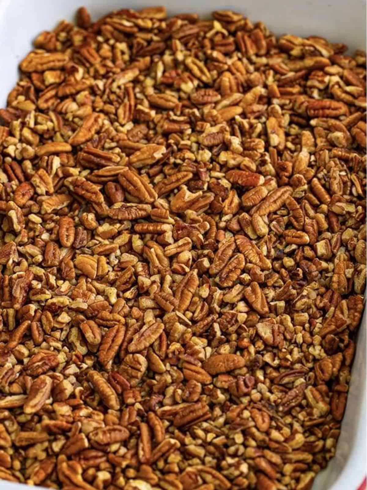 Chopped pecans spread in a single layer in a baking dish.