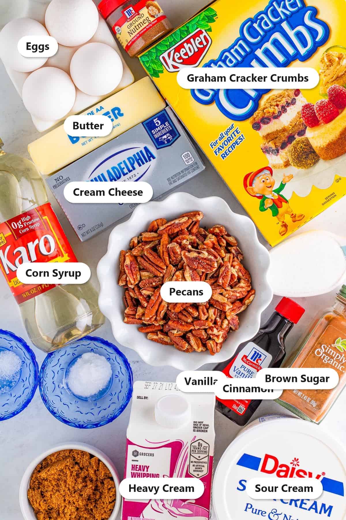 Labeled ingredients for pecan pie cheesecake including cream cheese, pecans, graham cracker crumbs, eggs, and corn syrup.