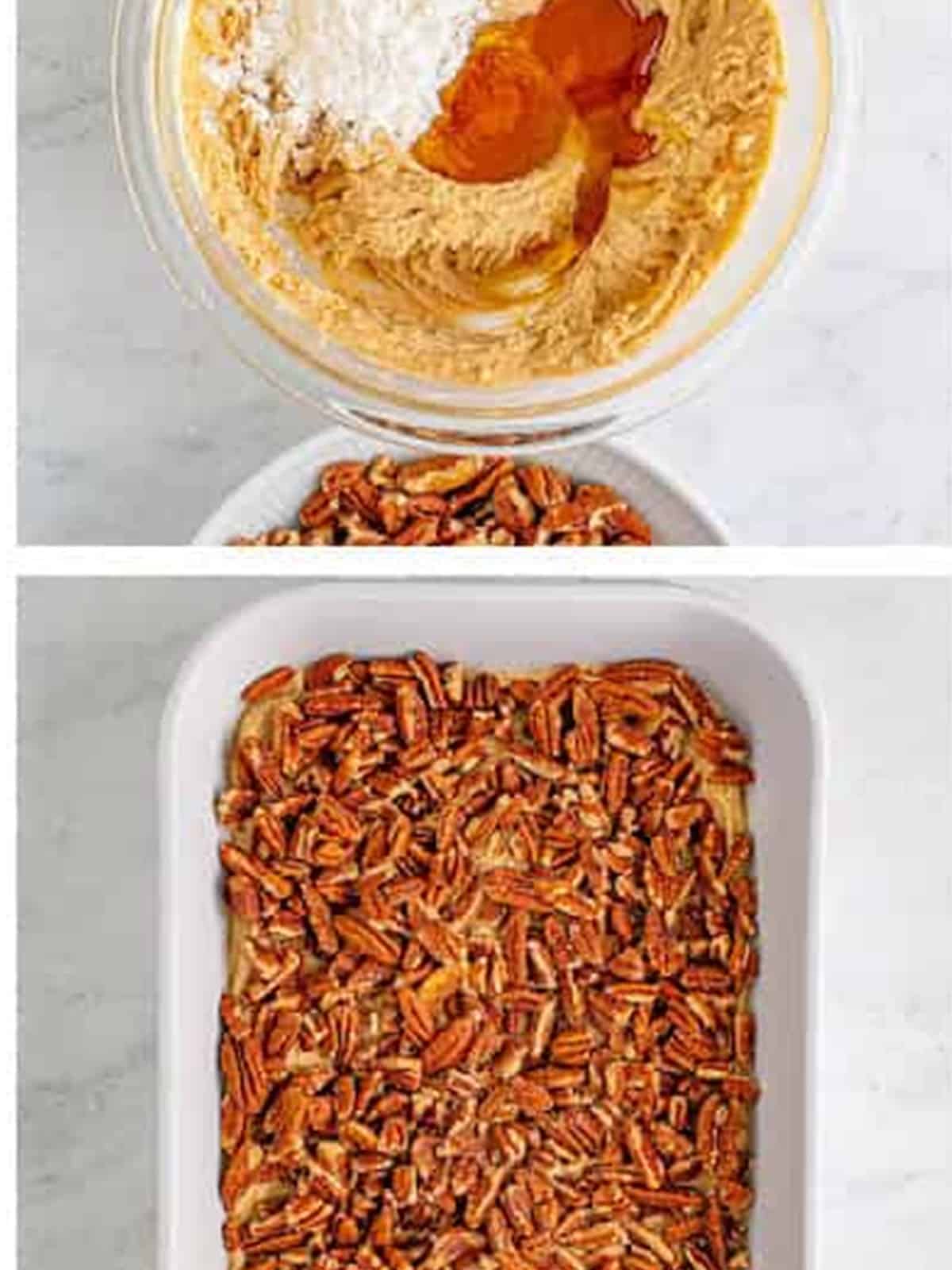 Butter, brown sugar, and honey topping spread in the bottom of a baking dish.