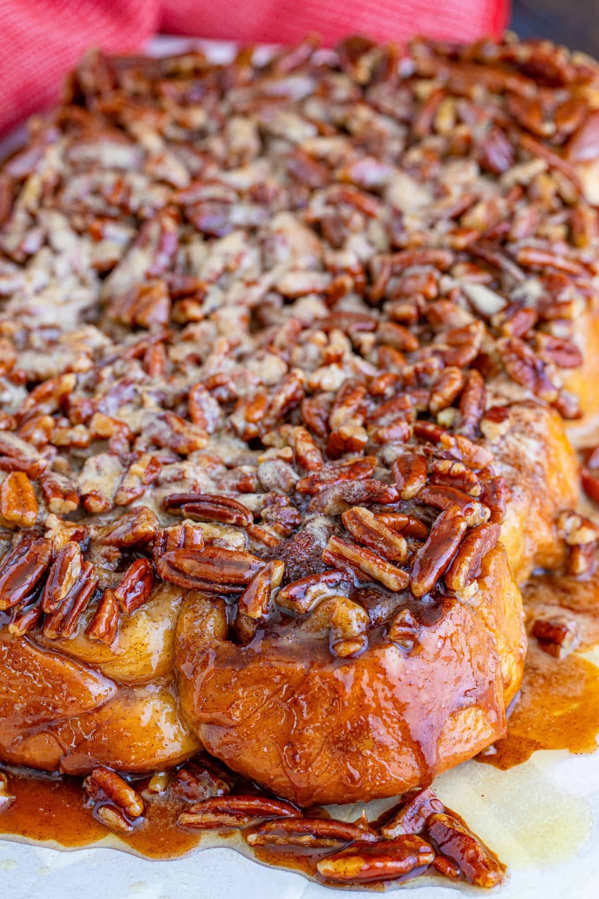 A pan of from scratch pecan sticky buns glazed with caramel and toasted pecans.