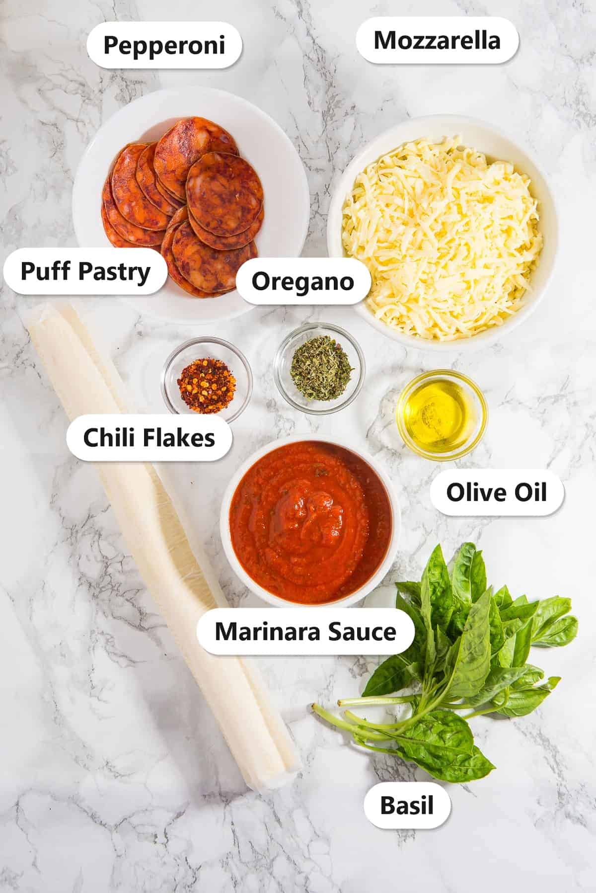Labeled ingredients for pepperoni rolls including puff pastry, pepperoni, mozzarella, marinara sauce, olive oil, oregano, chili flakes, and basil.
