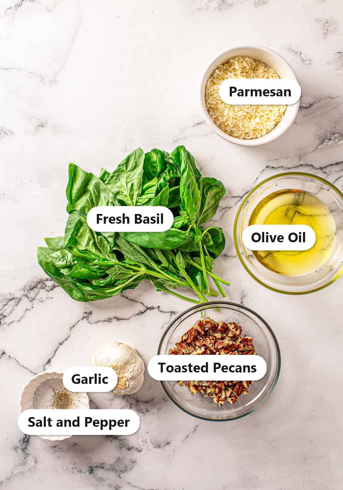 Labeled ingredients for homemade pesto including fresh basil, parmesan, olive oil, toasted pecans, garlic, salt, and pepper.