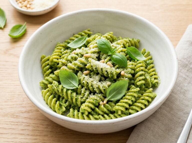 A white bowl of creamy basil pesto pasta topped with parmesan and fresh basil.
