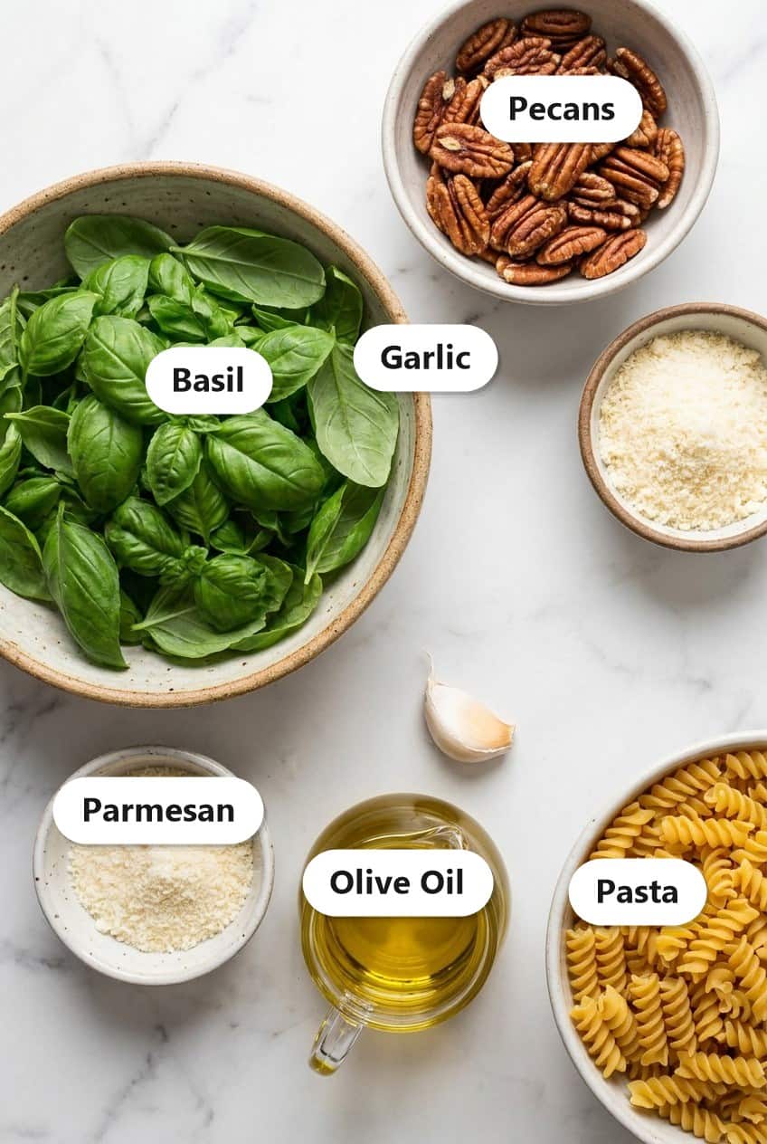 Labeled ingredients for creamy pesto pasta including basil, pecans, parmesan, garlic, olive oil, and pasta.