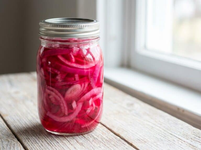 A glass jar filled with bright pink pickled red onions.