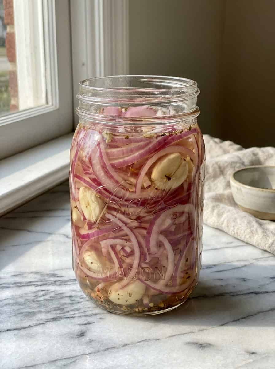 Thinly sliced red onions and garlic in a jar with vinegar brine poured over.