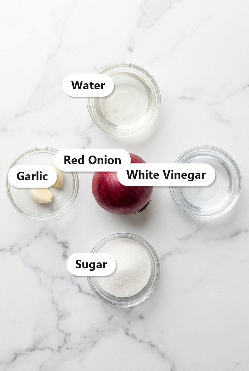 Labeled ingredients for pickled red onions including a red onion, garlic, white vinegar, water, and sugar.