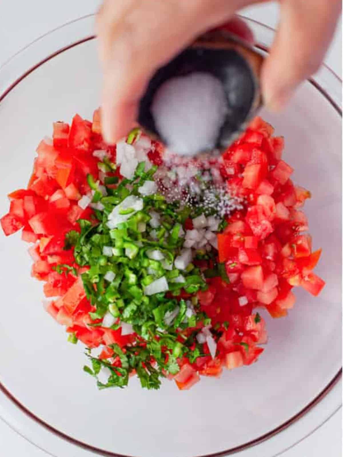 Sprinkling salt over the chopped tomatoes, onion, cilantro, and serrano in a glass bowl.