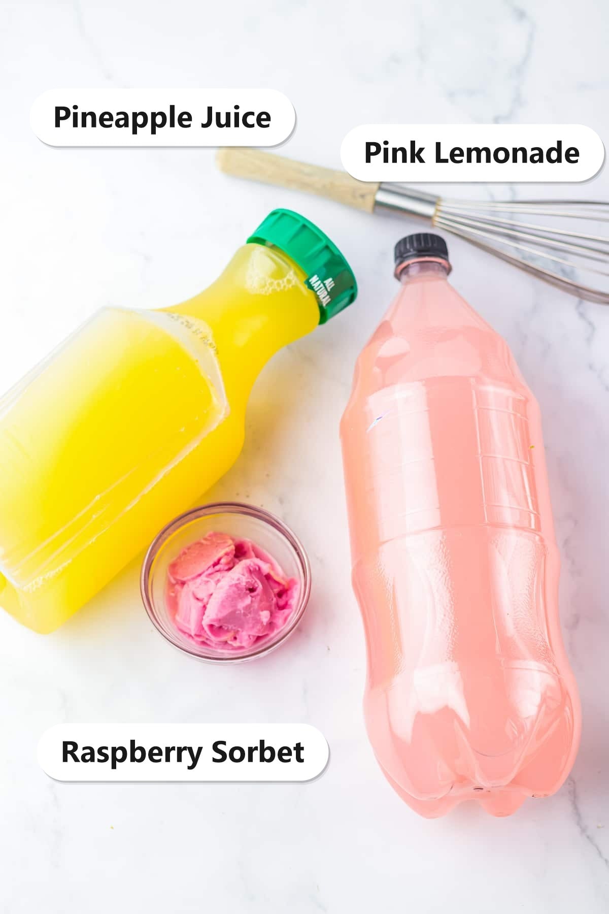 Labeled ingredients for pink punch: pineapple juice, pink lemonade, and raspberry sorbet.