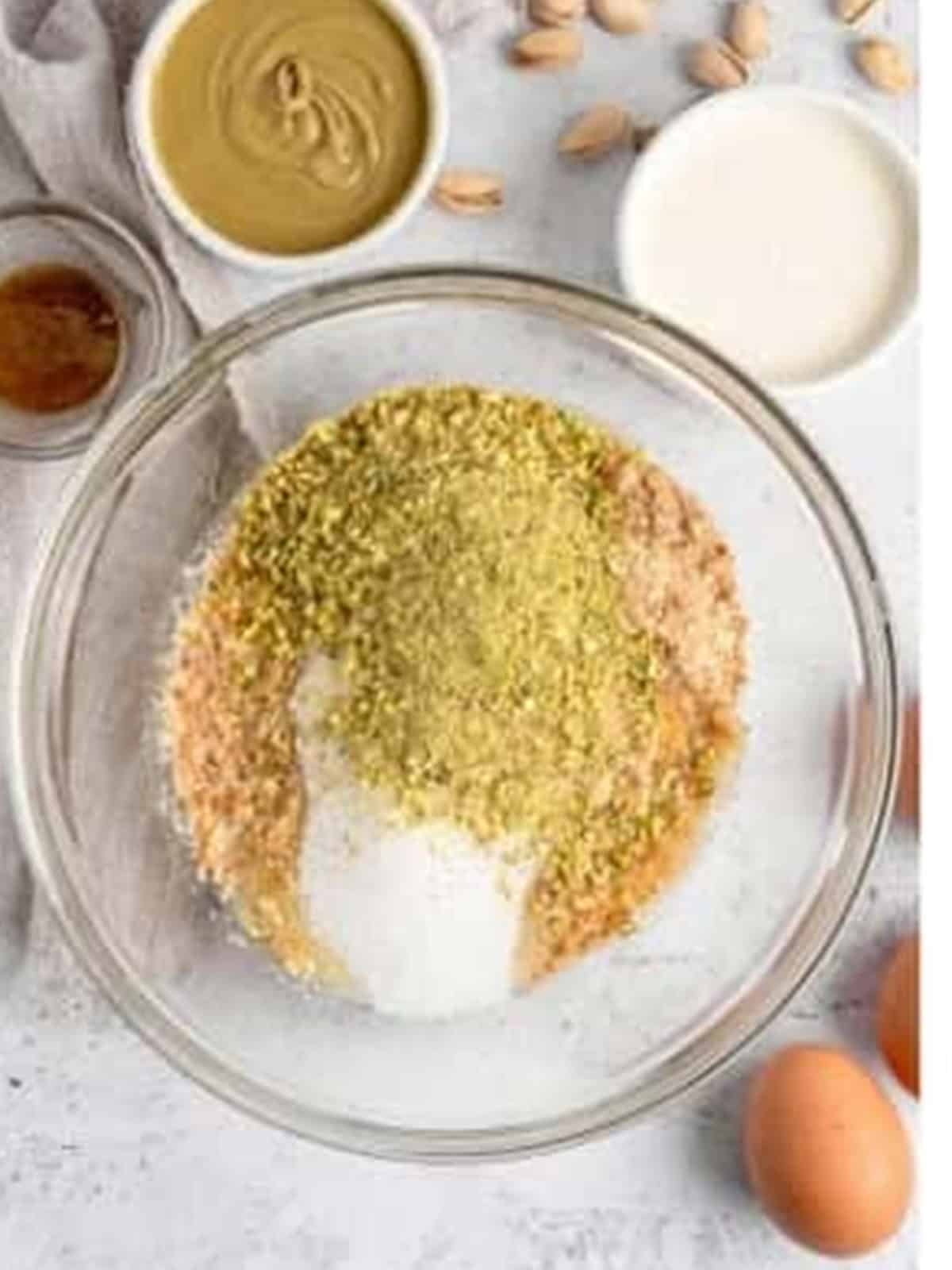 Pistachio cheesecake crust crumbs, chopped pistachios, and sugar in a glass bowl.