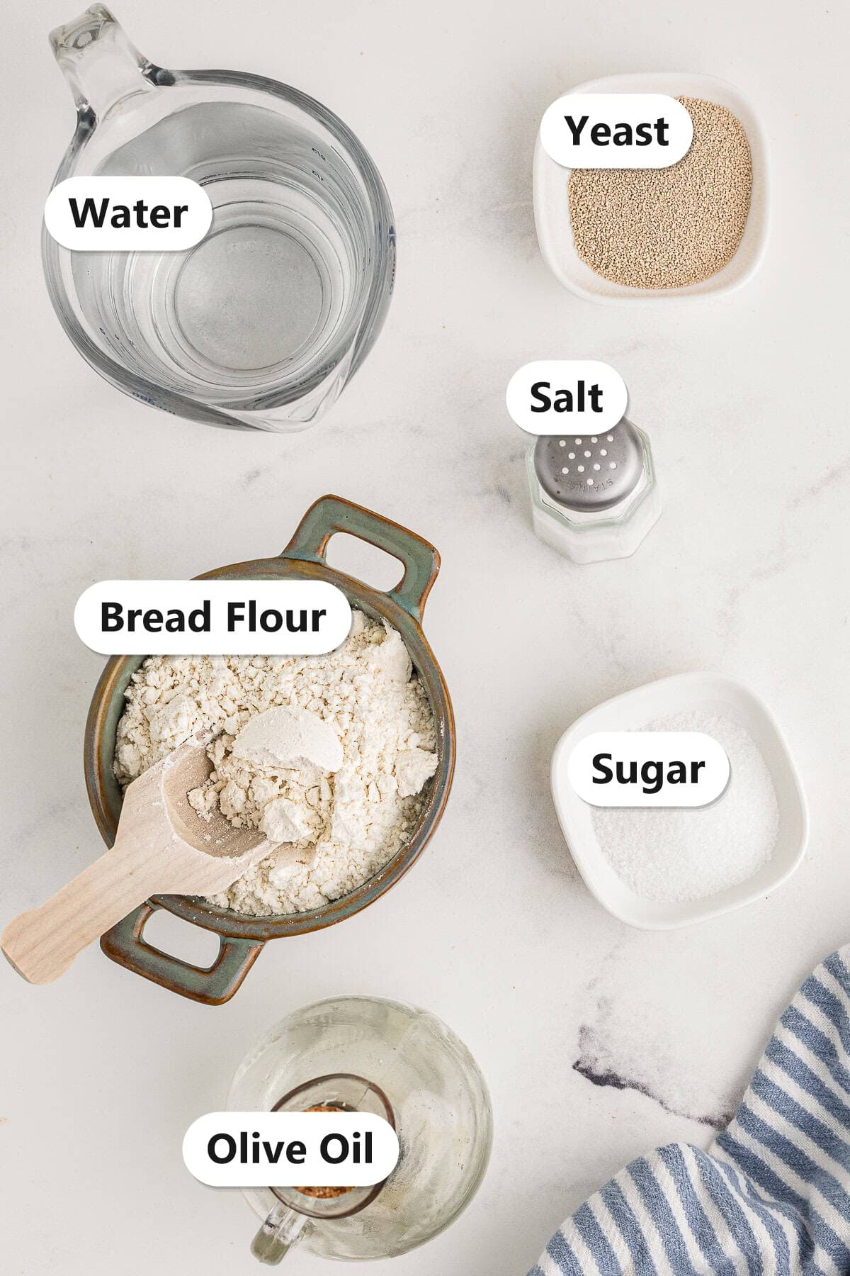 Labeled ingredients for homemade pizza dough including water, yeast, sugar, olive oil, bread flour, and salt.