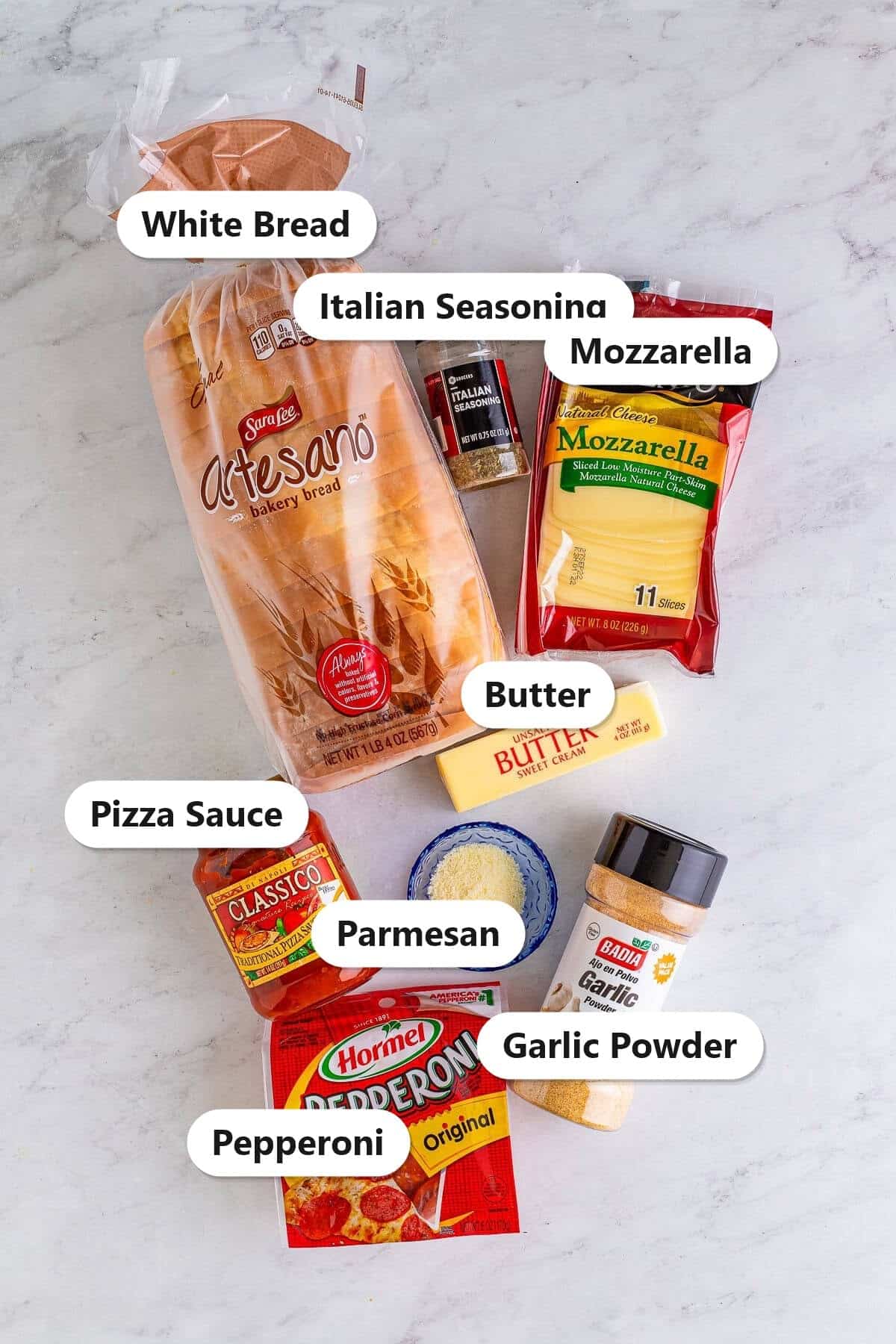 Labeled ingredients needed to make a Pizza Sandwich.