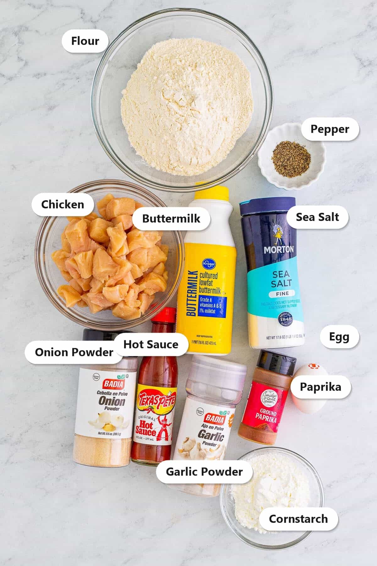 Labeled ingredients for popcorn chicken including chicken, flour, cornstarch, buttermilk, egg, hot sauce, paprika, garlic powder, onion powder, salt, and pepper.