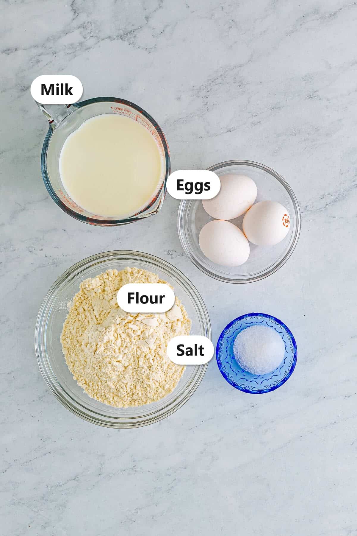 Ingredients for popovers including milk, eggs, flour, and salt.