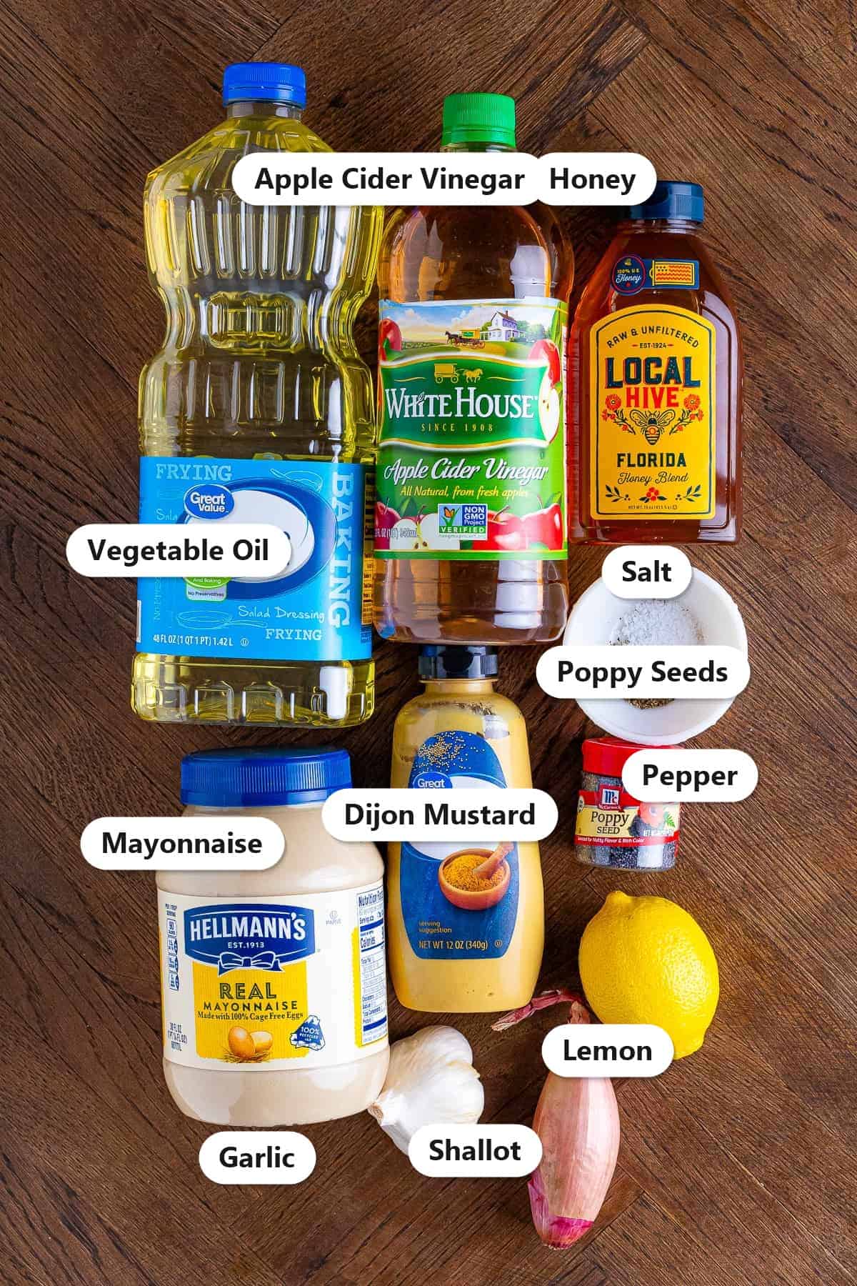 Poppy seed dressing ingredients labeled including vegetable oil, apple cider vinegar, honey, salt, poppy seeds, pepper, dijon mustard, mayonnaise, garlic, shallot, and lemon.