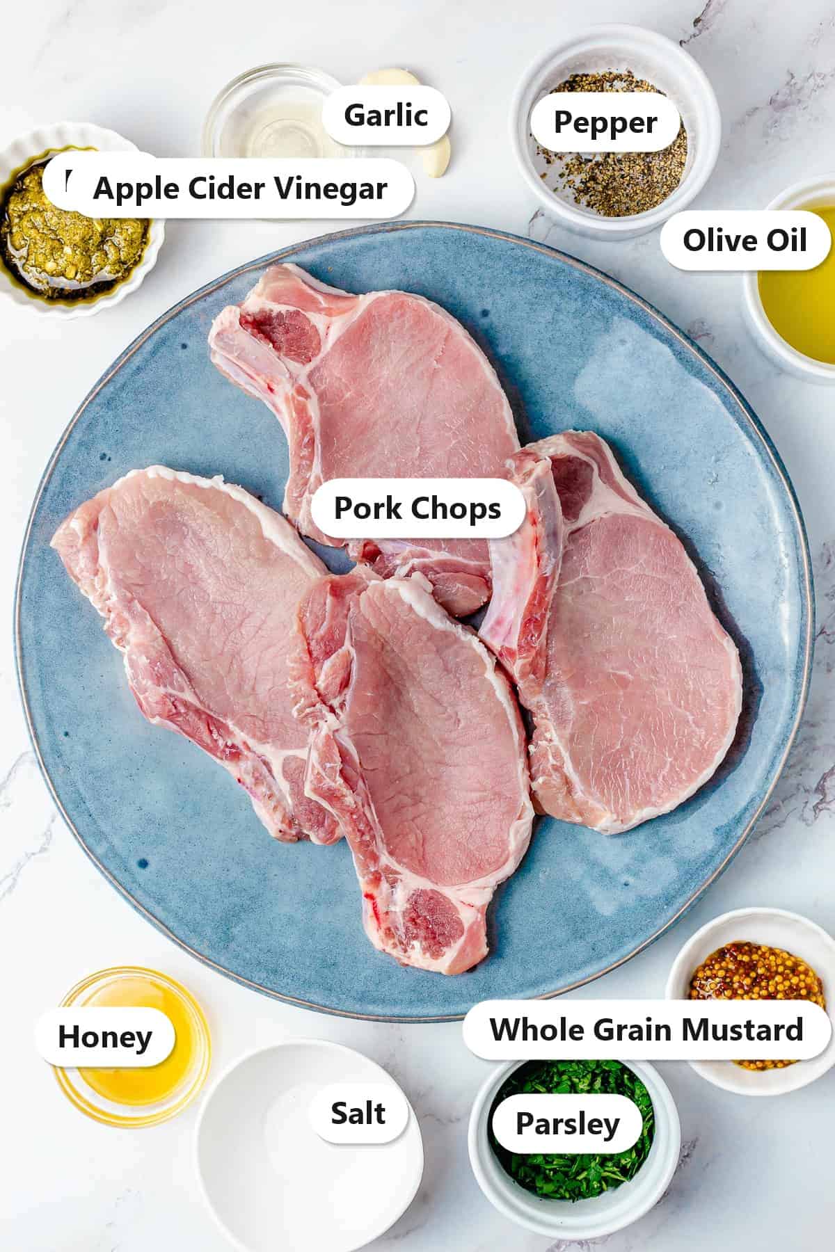 Labeled ingredients for pork chop marinade including pork chops, pesto, olive oil, garlic, apple cider vinegar, honey, whole grain mustard, salt, pepper, and parsley.
