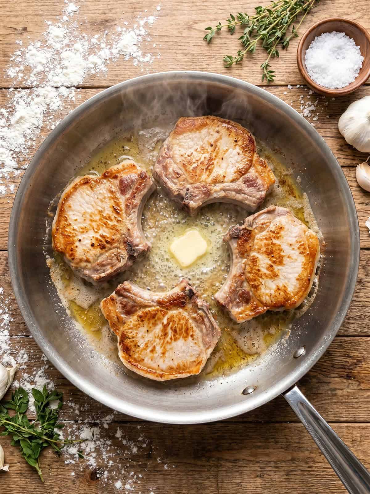 Floured pork chops searing in butter and oil in a skillet.