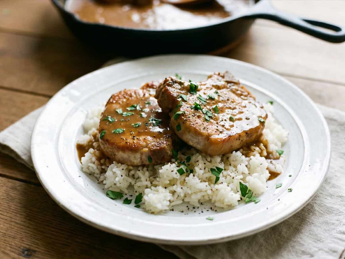 Pork chops smothered in rich brown gravy served over white rice on a plate.