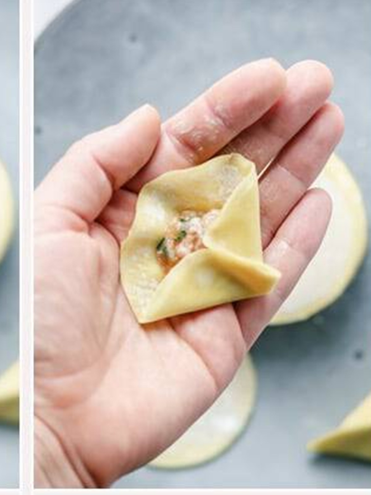 Placing pork filling in the center of a round gyoza wrapper.