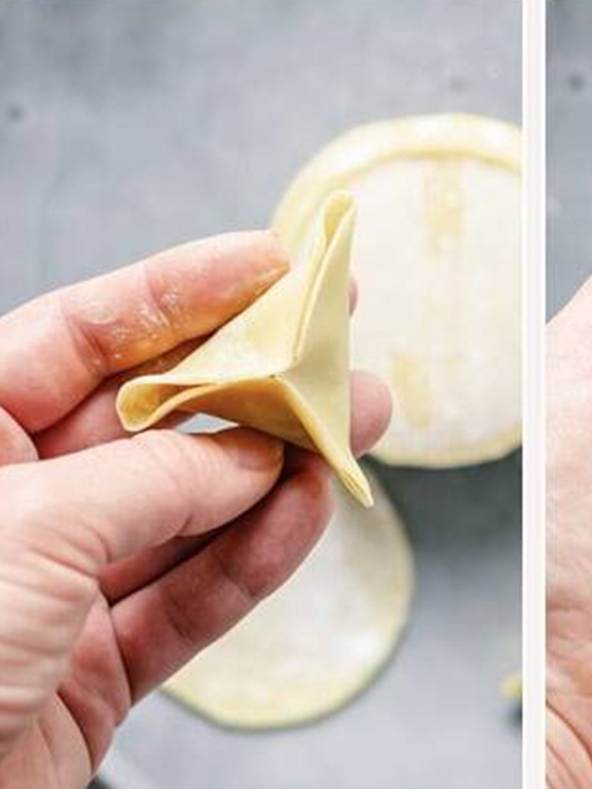 Folding a pork dumpling and pinching the edges together.