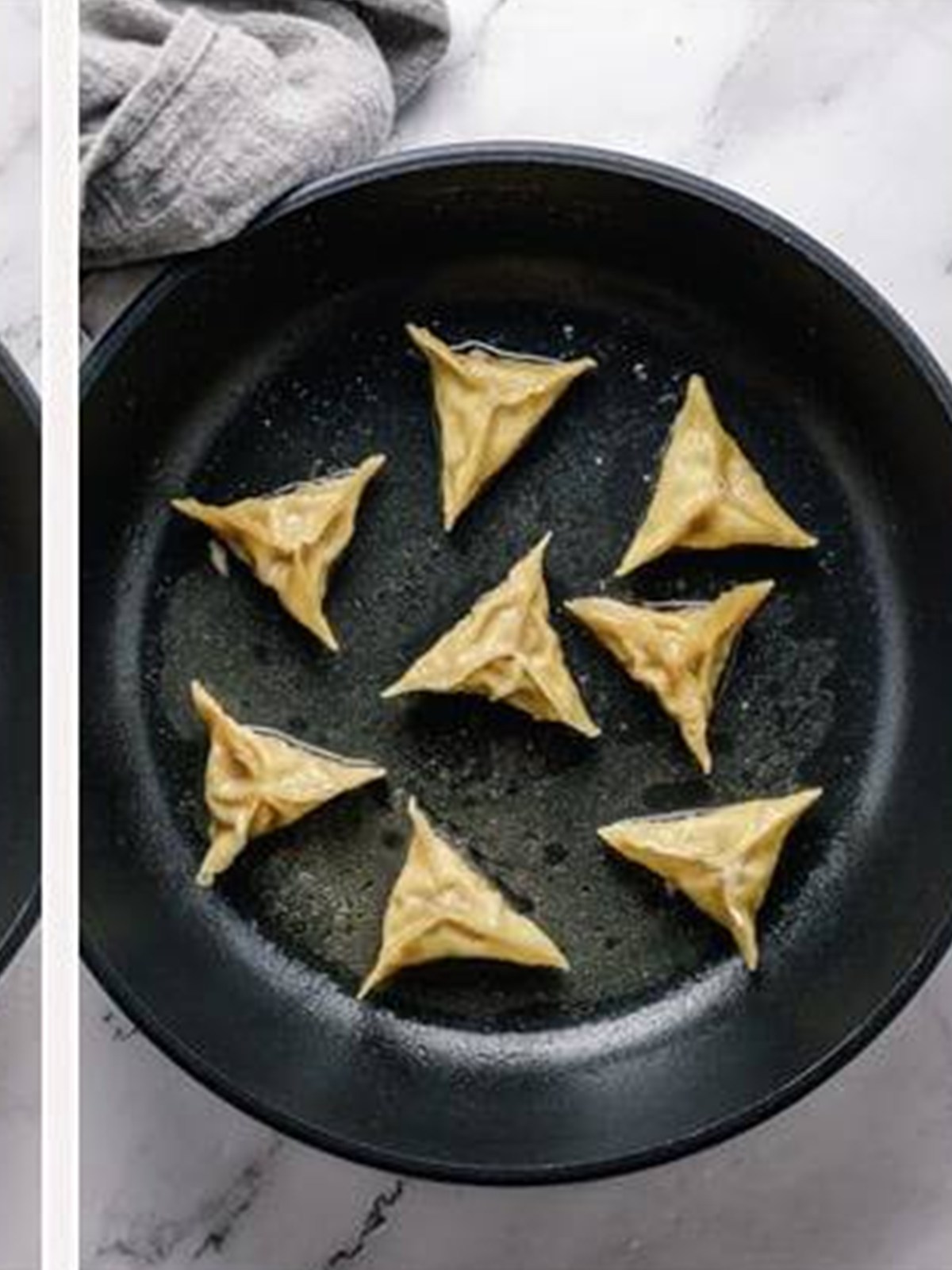 Pan frying pork dumplings flat side down in a skillet.