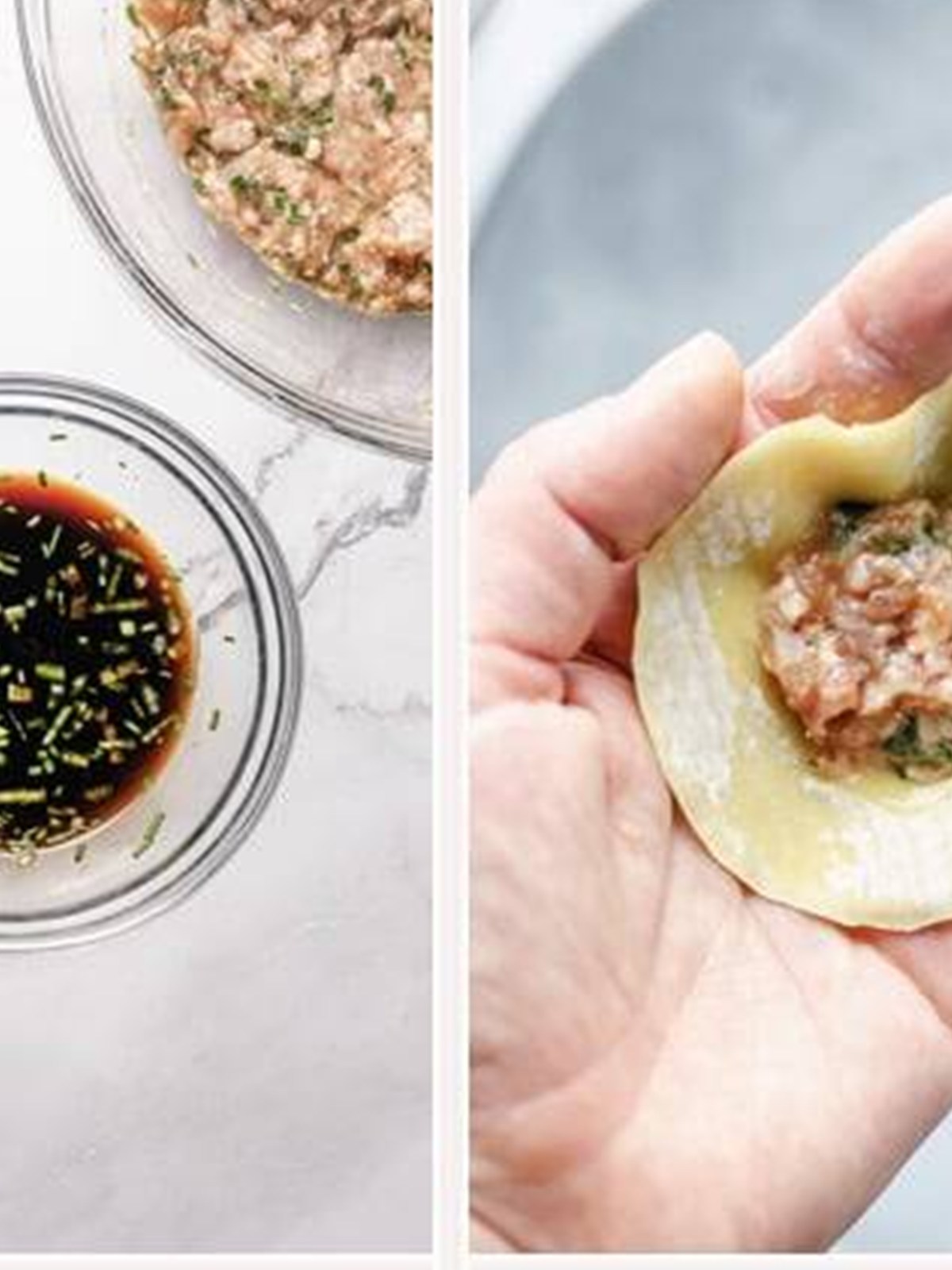 Whisking together a soy and vinegar dipping sauce for pork dumplings.