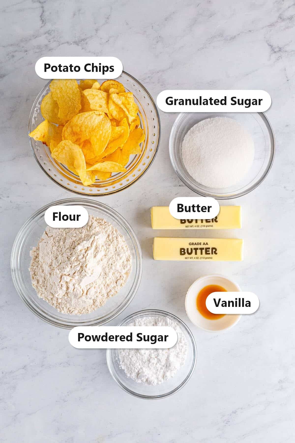 Labeled ingredients for potato chip cookies including potato chips, granulated sugar, butter, flour, vanilla, and powdered sugar.
