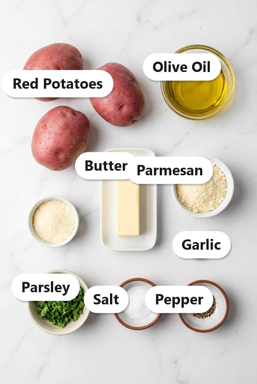 Labeled ingredients for garlic parmesan grilled potato wedges including red potatoes, olive oil, butter, parmesan, garlic, and parsley.