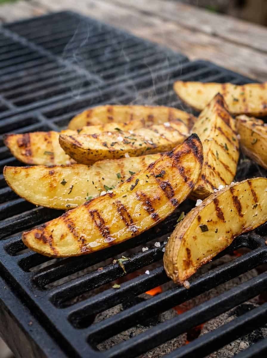 Potato wedges with golden grill marks cooking on a grill.