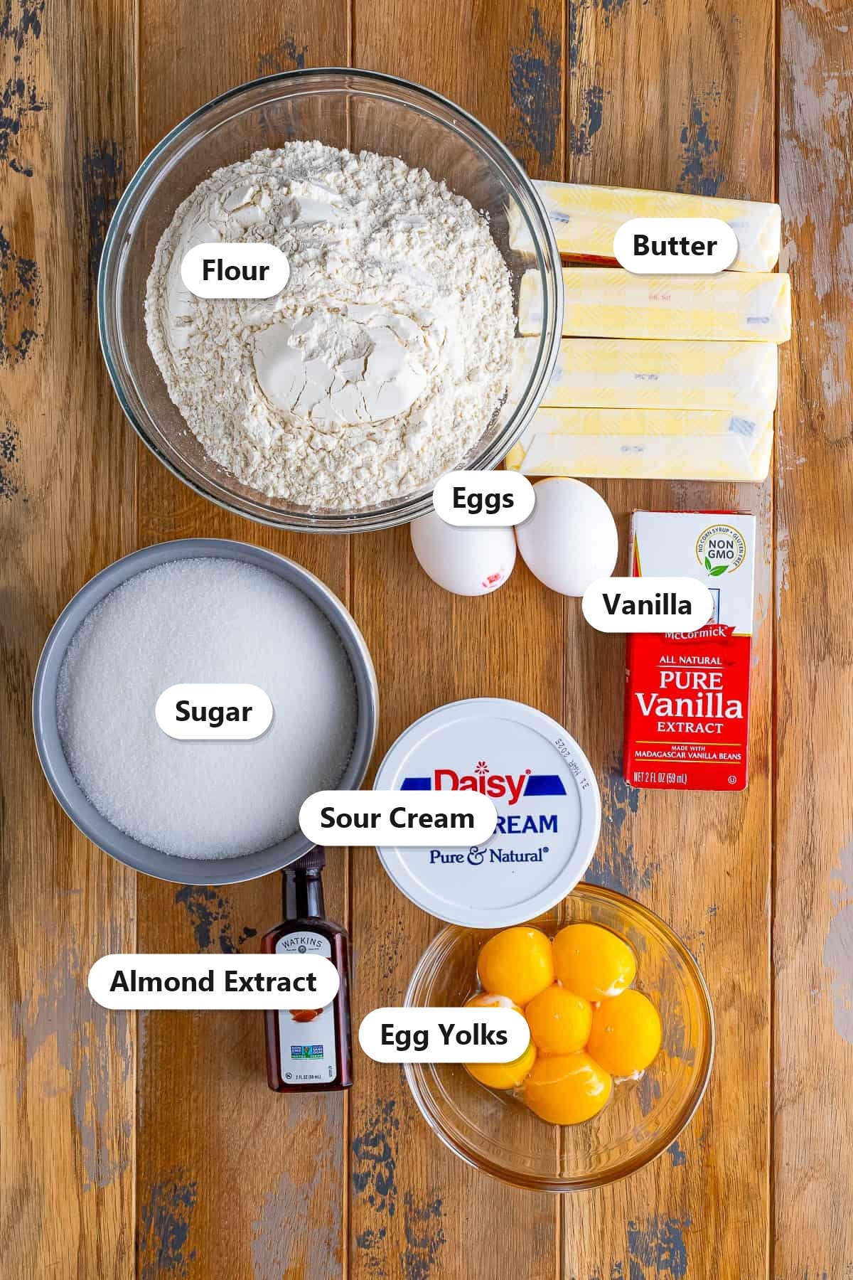Labeled pound cake ingredients including flour, butter, sugar, eggs, sour cream, and vanilla