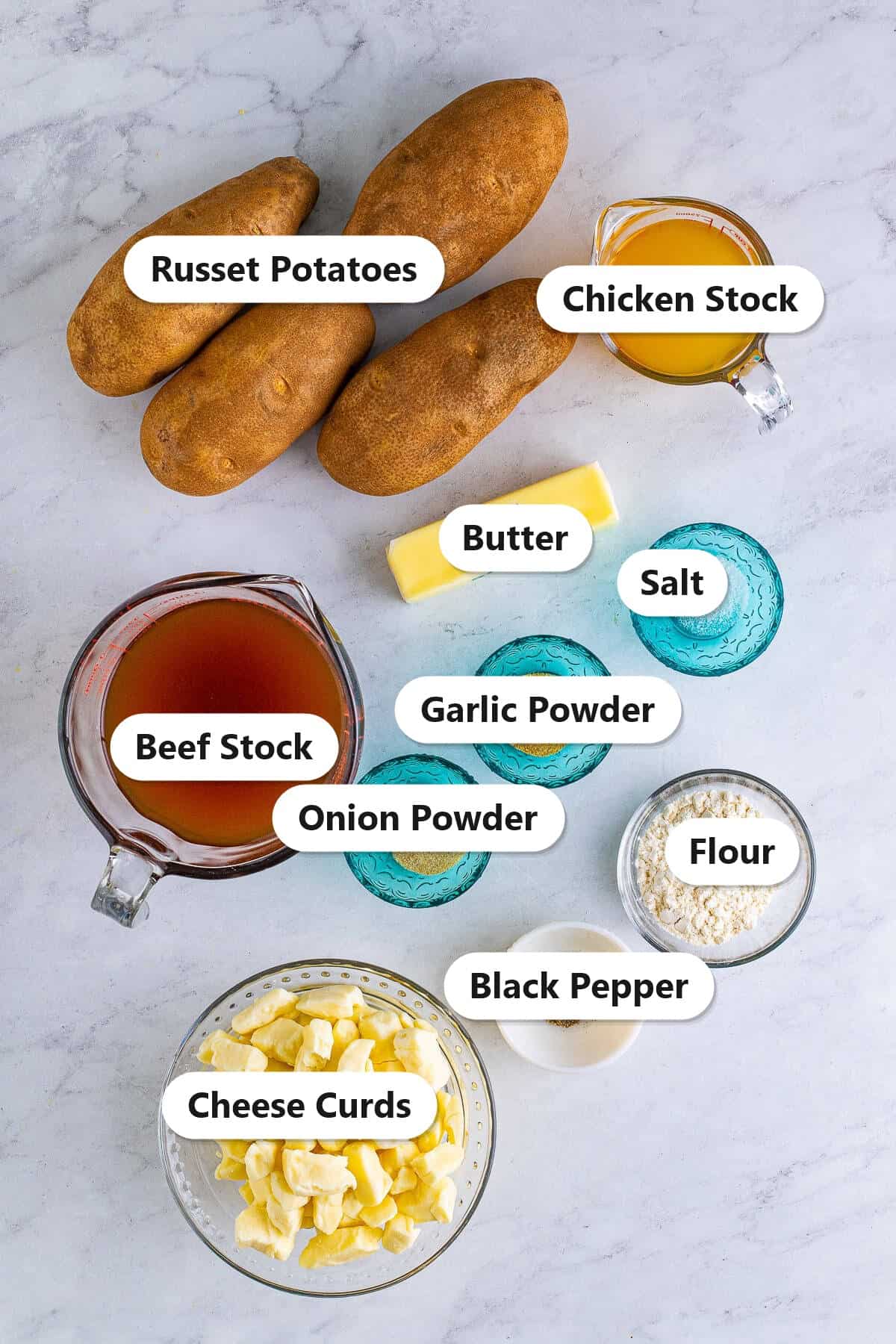 Labeled ingredients for homemade poutine including russet potatoes, beef and chicken stock, butter, flour, and cheese curds.