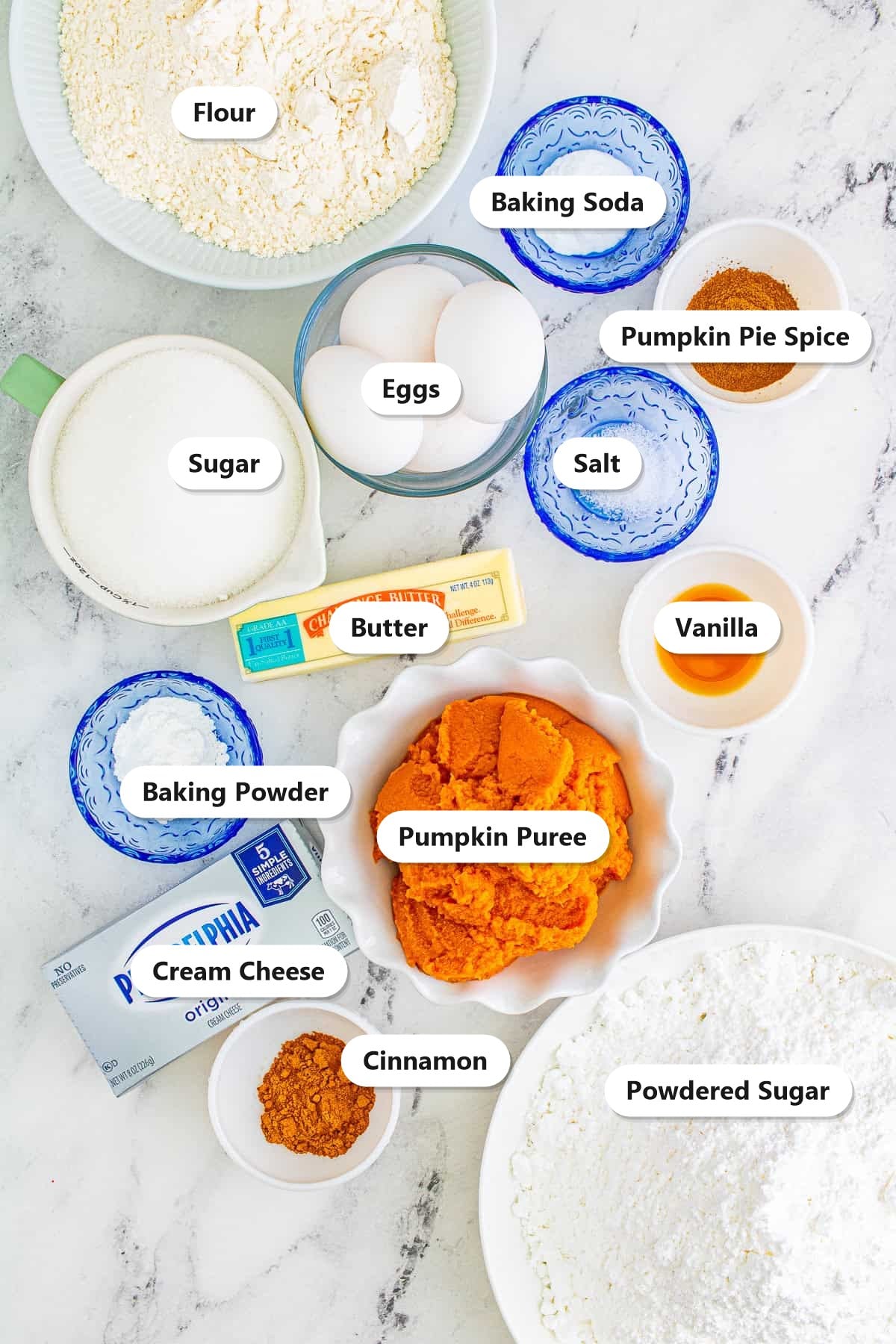 Labeled ingredients for pumpkin bars including flour, pumpkin puree, eggs, sugar, cream cheese, butter, and pumpkin pie spice.