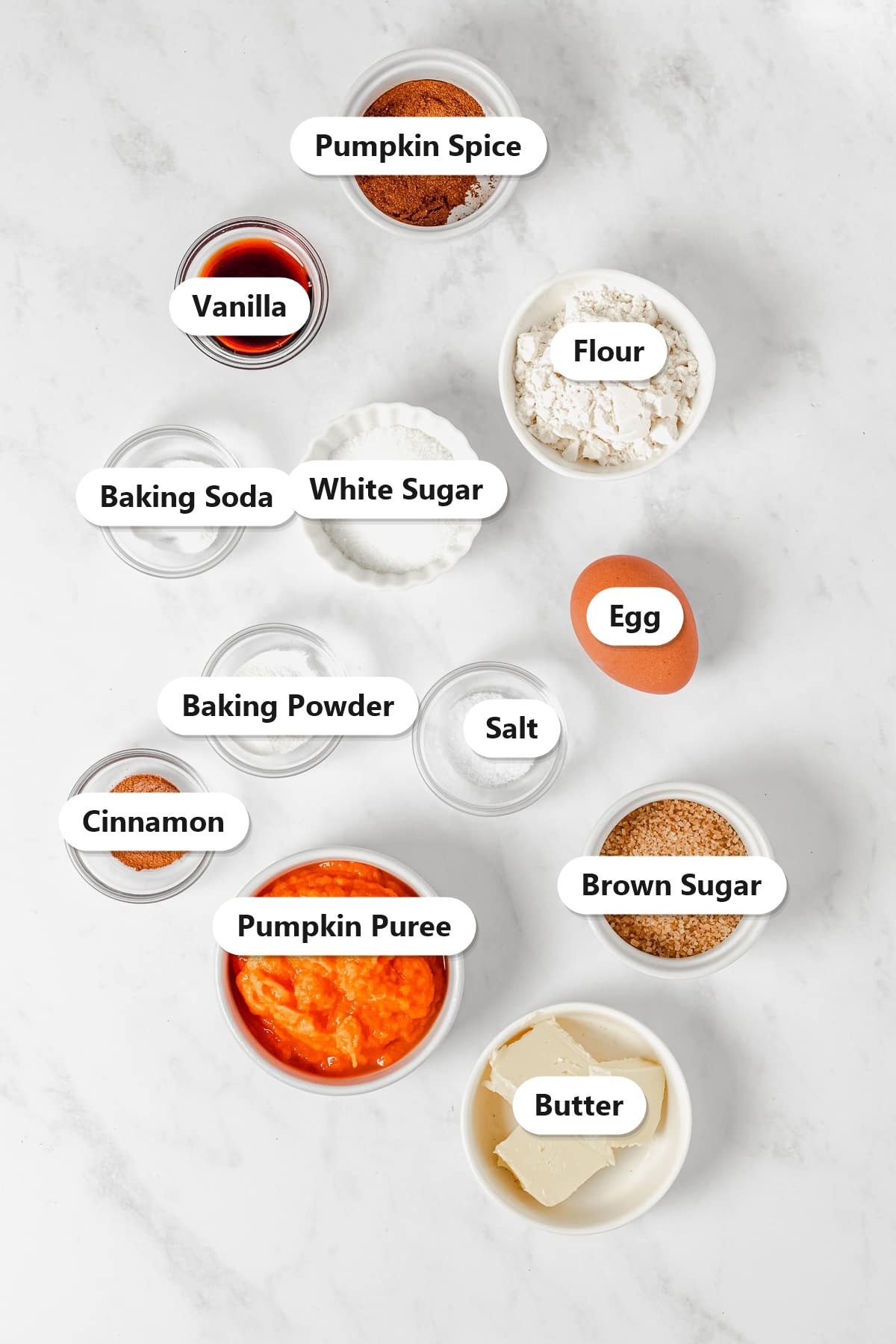 Pumpkin bread ingredients labeled on a marble counter