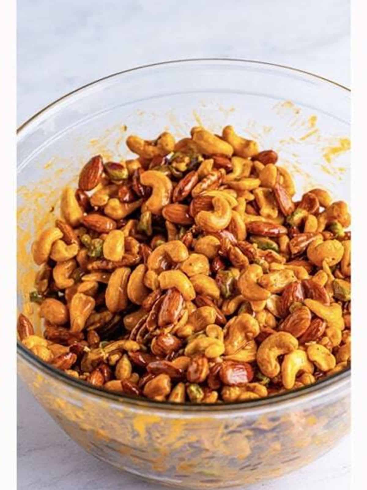 Mixed nuts tossed and fully coated in the buffalo ranch sauce.